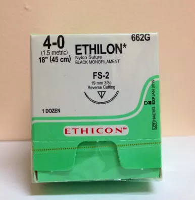Ethicon 662G - ETHILON Nylon Suture, Reverse Cutting, FS-2 19mm 3/8 Circle, 45cm, Size: 4-0