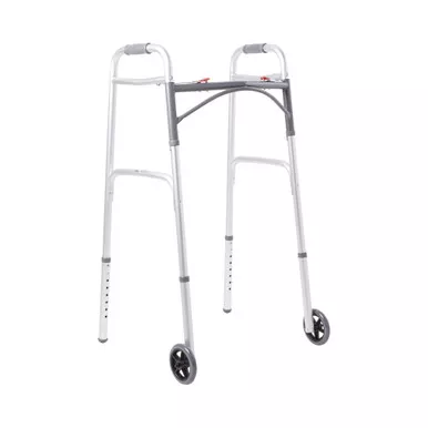 McKesson 146-10210-1 - Dual Release Folding Walker with Wheels Adjustable Height McKesson Aluminum Frame 350 lbs. Weight Capacity 32 to 39 Inch Height