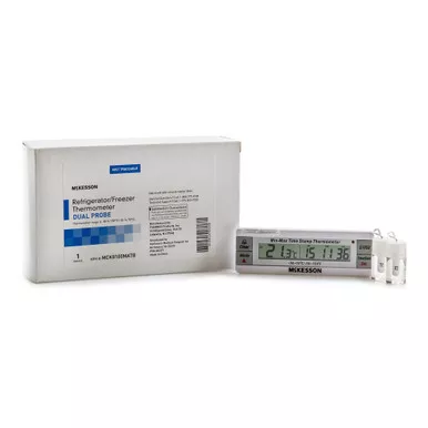 McKesson MCK8100MATB - Digital Refrigerator / Freezer Thermometer with Alarm McKesson Fahrenheit / Celsius -58° to +158°F (-50° to +70°C) Desk / Wall / Door Mount Battery Operated
