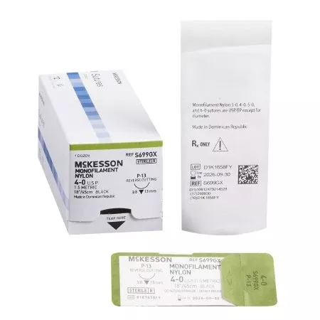 McKesson Nonabsorbable Suture with Needle McKesson Nylon P-13 3/8 Circle Precision Reverse Cutting Needle Size 5 - 0 Monofilament - Box of 1 - S698GX-BX