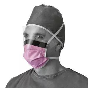 Medline Fluid-Resistant Surgical Face Masks with Eye Shield - Fluid-Resistant Antifog Surgical Face Mask with Shield and Ties - NON27410