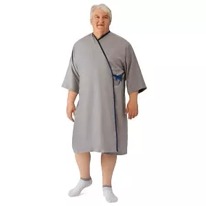 Medline Micro-Suede Patient Apparel - Micro-Suede Patient Robe, Gray with Navy Trim, One Size Fits Most - MDTHR9R04GRY