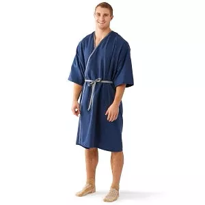 Medline Micro-Suede Patient Apparel - Micro-Suede Patient Robe, Navy with Gray Trim, One Size Fits Most - MDTHR9R04NVY