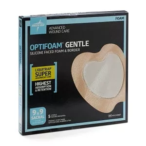 Medline Optifoam Gentle Silicone-Faced Foam Dressings with Liquitrap - Optifoam Gentle Silicone-Faced Foam Dressing with Liquitrap Super Absorbent Core, 7" x 7", Sacrum, in Educational Packaging - MSC2377EP