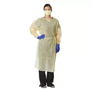 Medline QuickComply AAMI Level 1 Isolation Gowns - Medium-Weight Overhead AAMI Level 1 Isolation Gown with Side Ties, Yellow, Size Regular - NONLV140